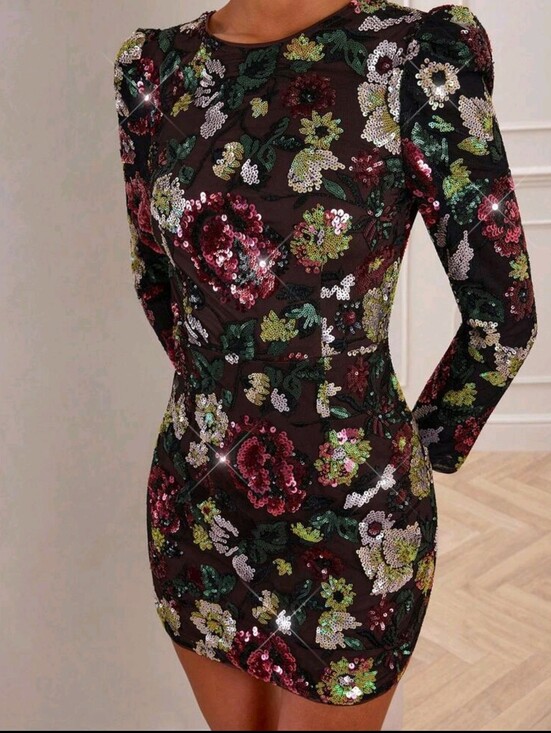 Dresses & Skirts - Women's Elegant Sequin Embroidery Fitted Mini Dress